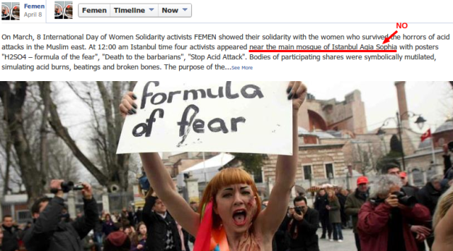 screenshot of FEMEN facebook status showing protester, claiming Hagia Sopia is a mosque
