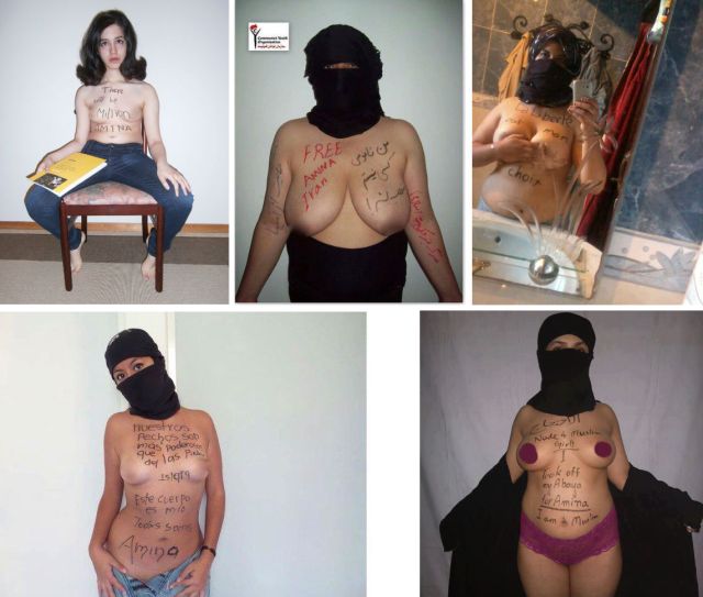 five pictures of middle eastern women in face-veil, showing their nude chests with pro-amina messages written on them